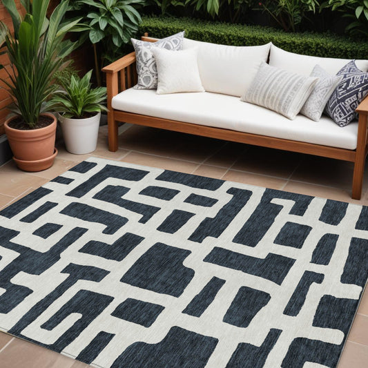 Tabselect Home Line 8' X 10' Black And Ivory Abstract Washable Indoor Outdoor Area Rug