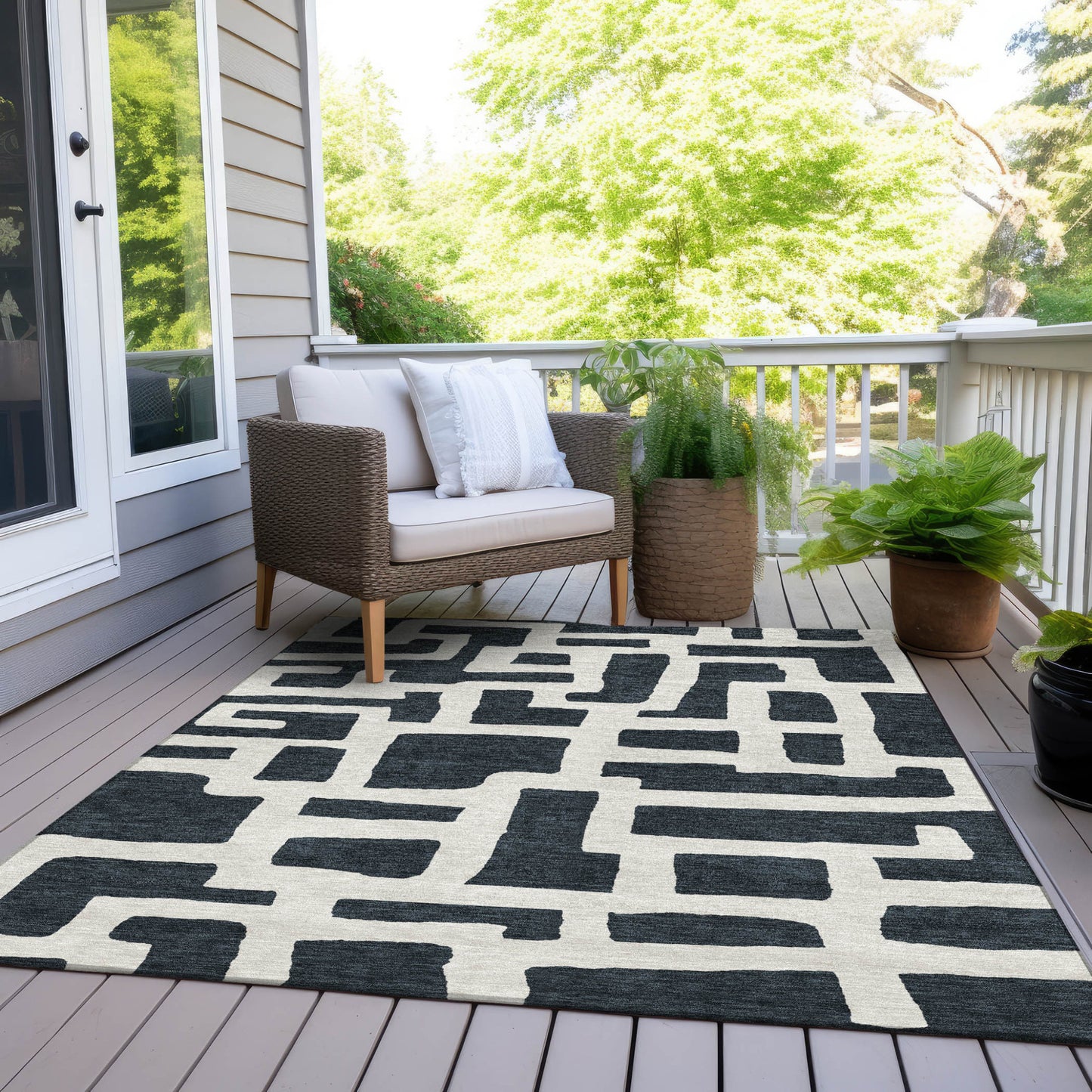 Tabselect Home Line 8' X 10' Black And Ivory Abstract Washable Indoor Outdoor Area Rug