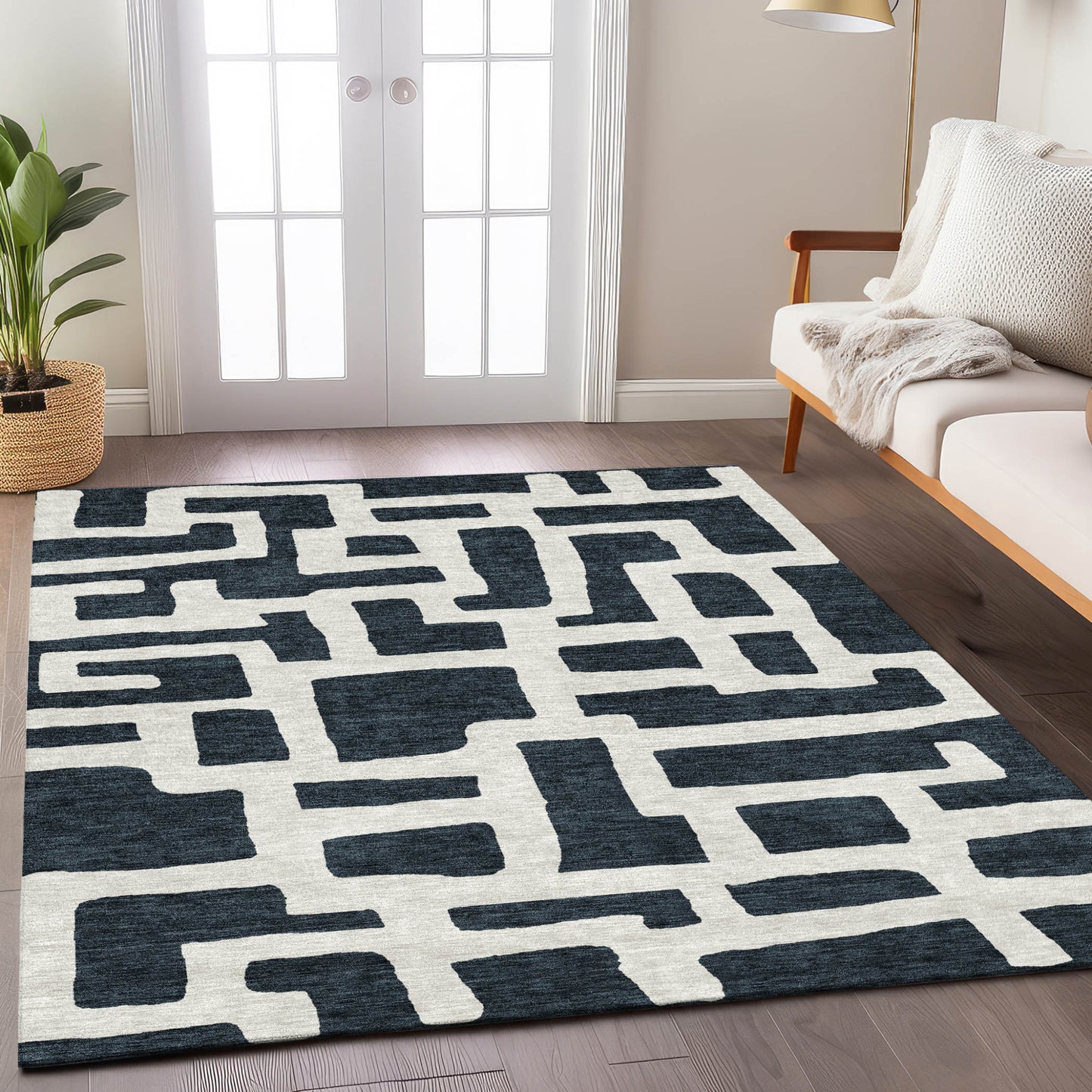 Tabselect Home Line 8' X 10' Black And Ivory Abstract Washable Indoor Outdoor Area Rug