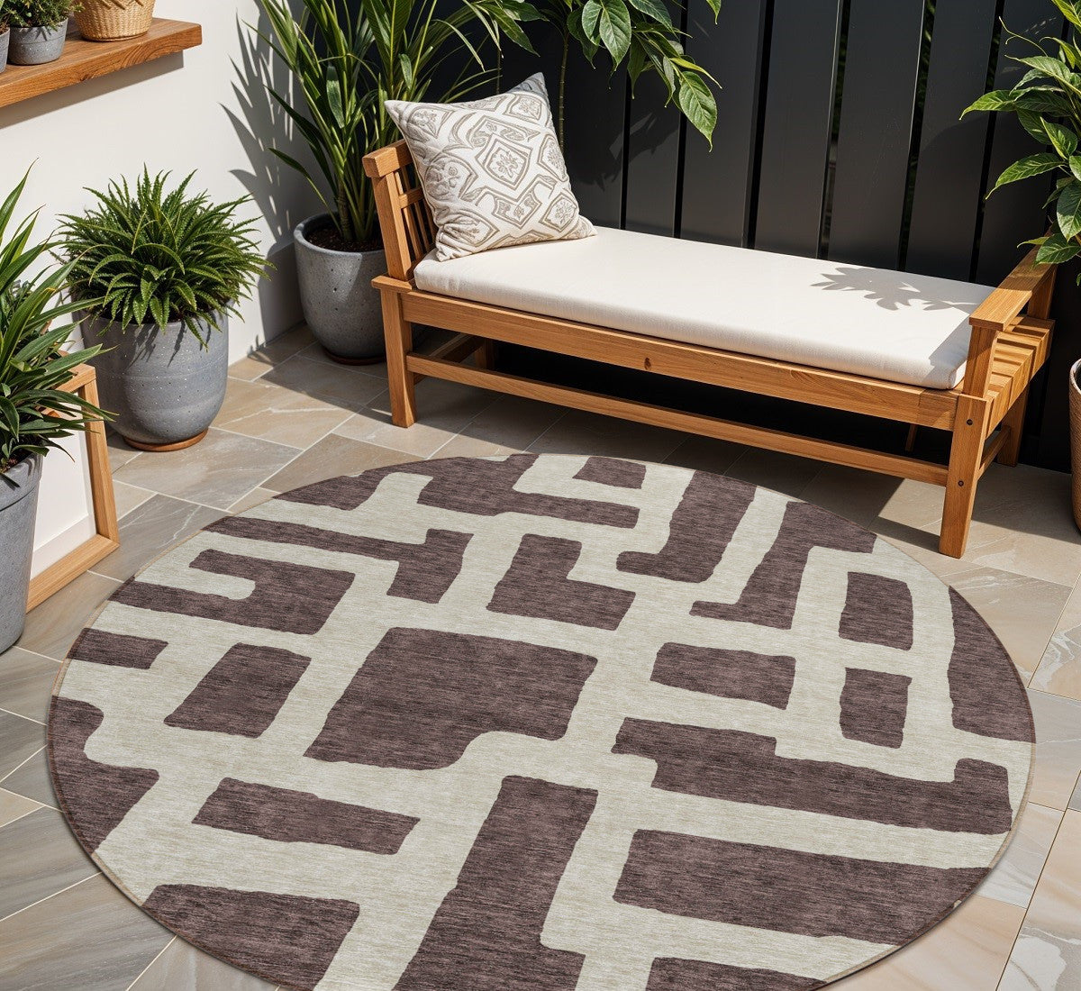 Tabselect Home Line 8' Brown And Beige Round Abstract Washable Indoor Outdoor Area Rug