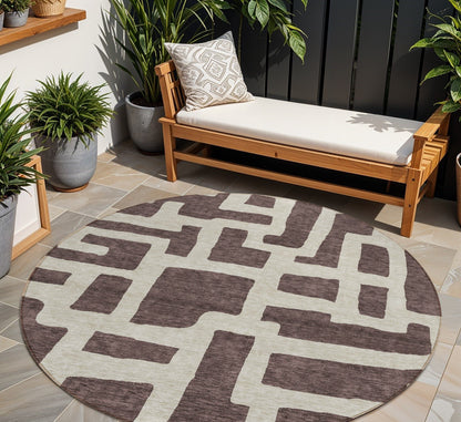 Tabselect Home Line 8' Brown And Beige Round Abstract Washable Indoor Outdoor Area Rug