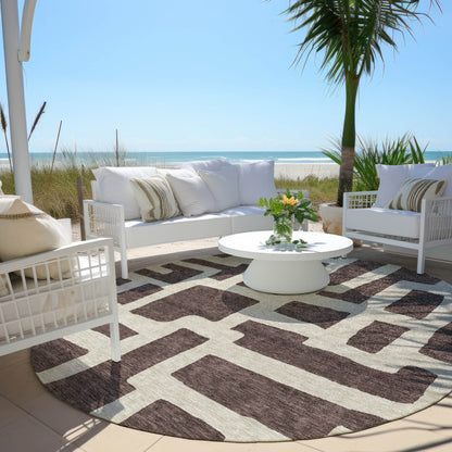 Tabselect Home Line 8' Brown And Beige Round Abstract Washable Indoor Outdoor Area Rug