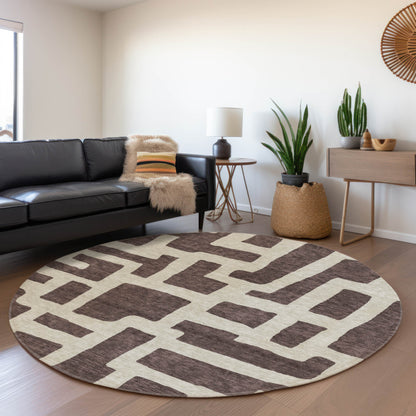 Tabselect Home Line 8' Brown And Beige Round Abstract Washable Indoor Outdoor Area Rug