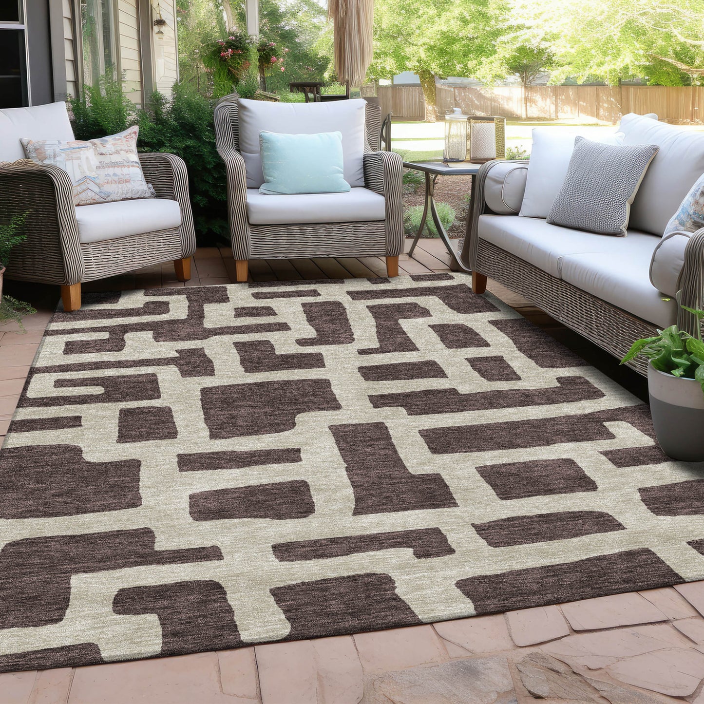 Tabselect Home Line 8' X 10' Brown And Beige Abstract Washable Indoor Outdoor Area Rug