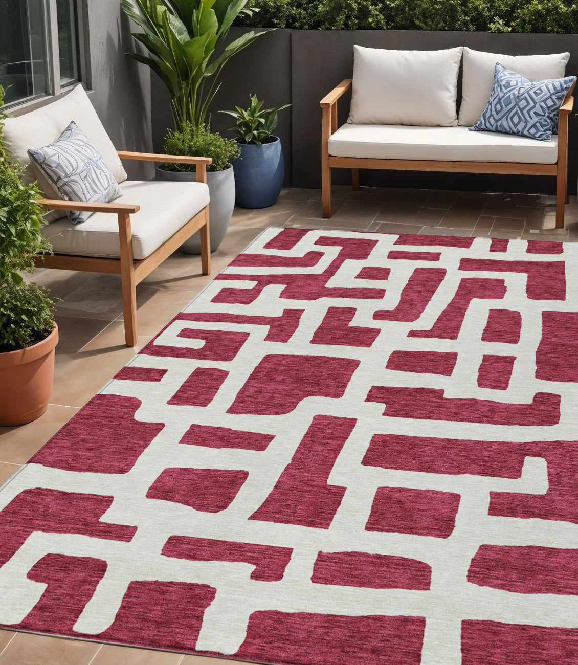 Tabselect Home Line 5' X 8' Red And Ivory Abstract Washable Indoor Outdoor Area Rug