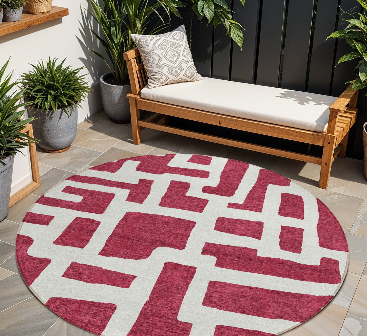 Tabselect Home Line 8' Red And Ivory Round Abstract Washable Indoor Outdoor Area Rug