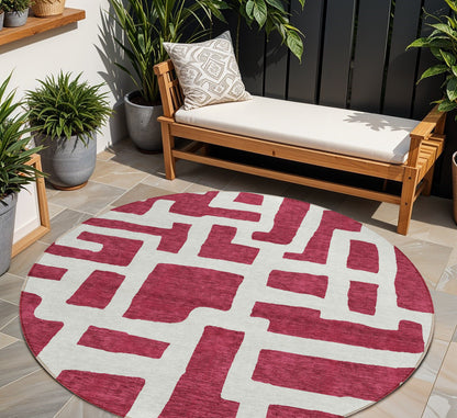 Tabselect Home Line 8' Red And Ivory Round Abstract Washable Indoor Outdoor Area Rug