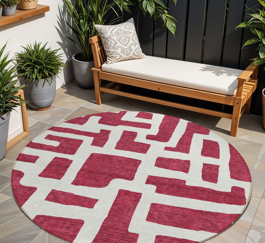 Tabselect Home Line 8' Red And Ivory Round Abstract Washable Indoor Outdoor Area Rug