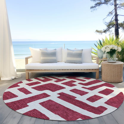 Tabselect Home Line 8' Red And Ivory Round Abstract Washable Indoor Outdoor Area Rug