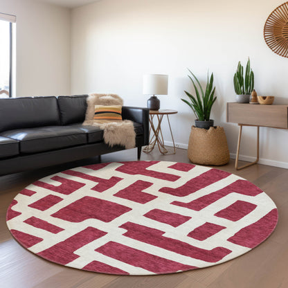 Tabselect Home Line 8' Red And Ivory Round Abstract Washable Indoor Outdoor Area Rug
