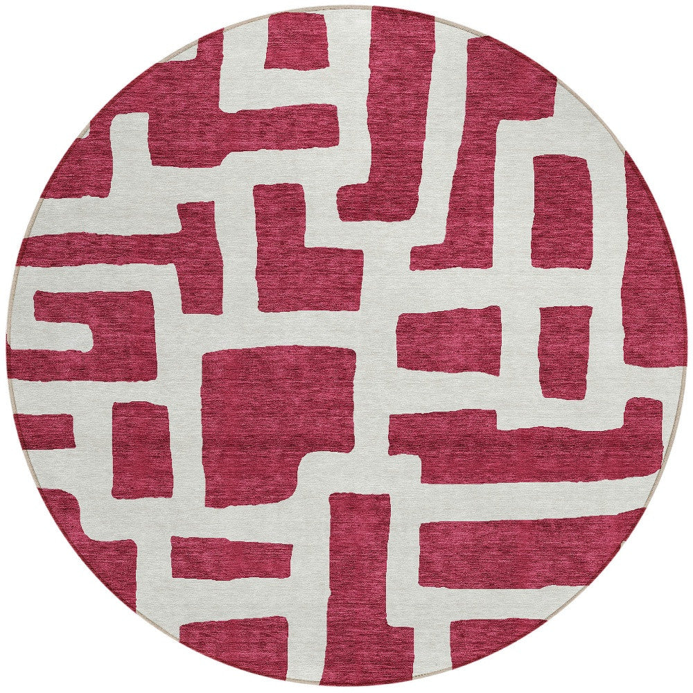 Tabselect Home Line 8' Red And Ivory Round Abstract Washable Indoor Outdoor Area Rug