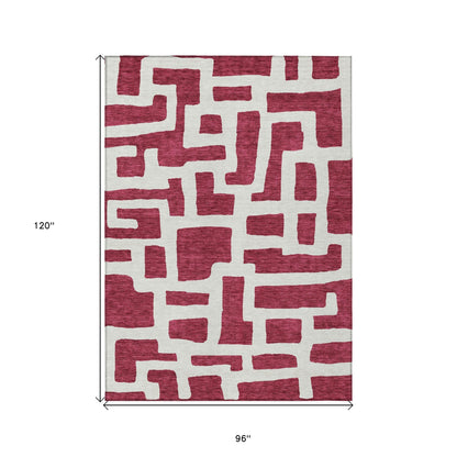 Tabselect Home Line 8' X 10' Red And Ivory Abstract Washable Indoor Outdoor Area Rug