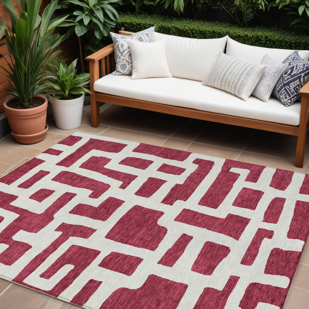 Tabselect Home Line 8' X 10' Red And Ivory Abstract Washable Indoor Outdoor Area Rug