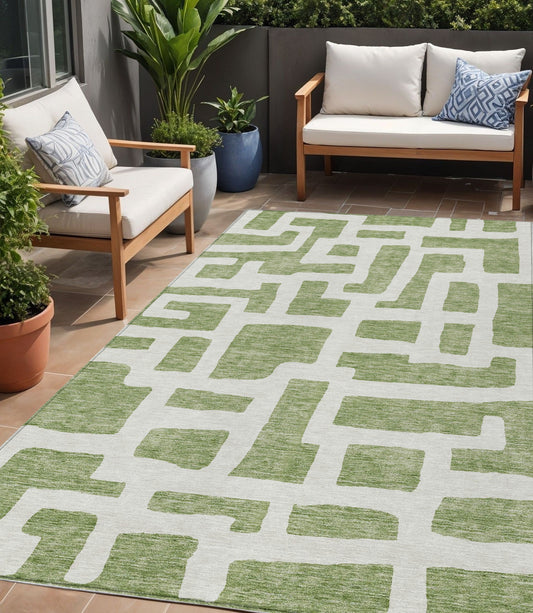 Tabselect Home Line 5' X 8' Green And Ivory Abstract Washable Indoor Outdoor Area Rug
