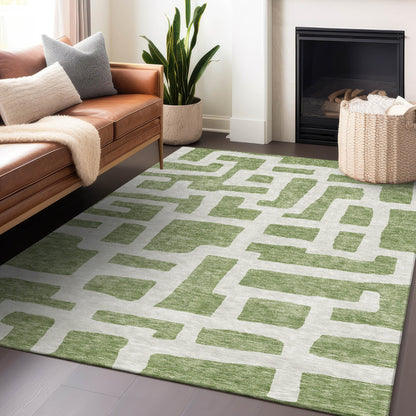 Tabselect Home Line 5' X 8' Green And Ivory Abstract Washable Indoor Outdoor Area Rug
