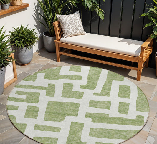Tabselect Home Line 8' Green And Ivory Round Abstract Washable Indoor Outdoor Area Rug