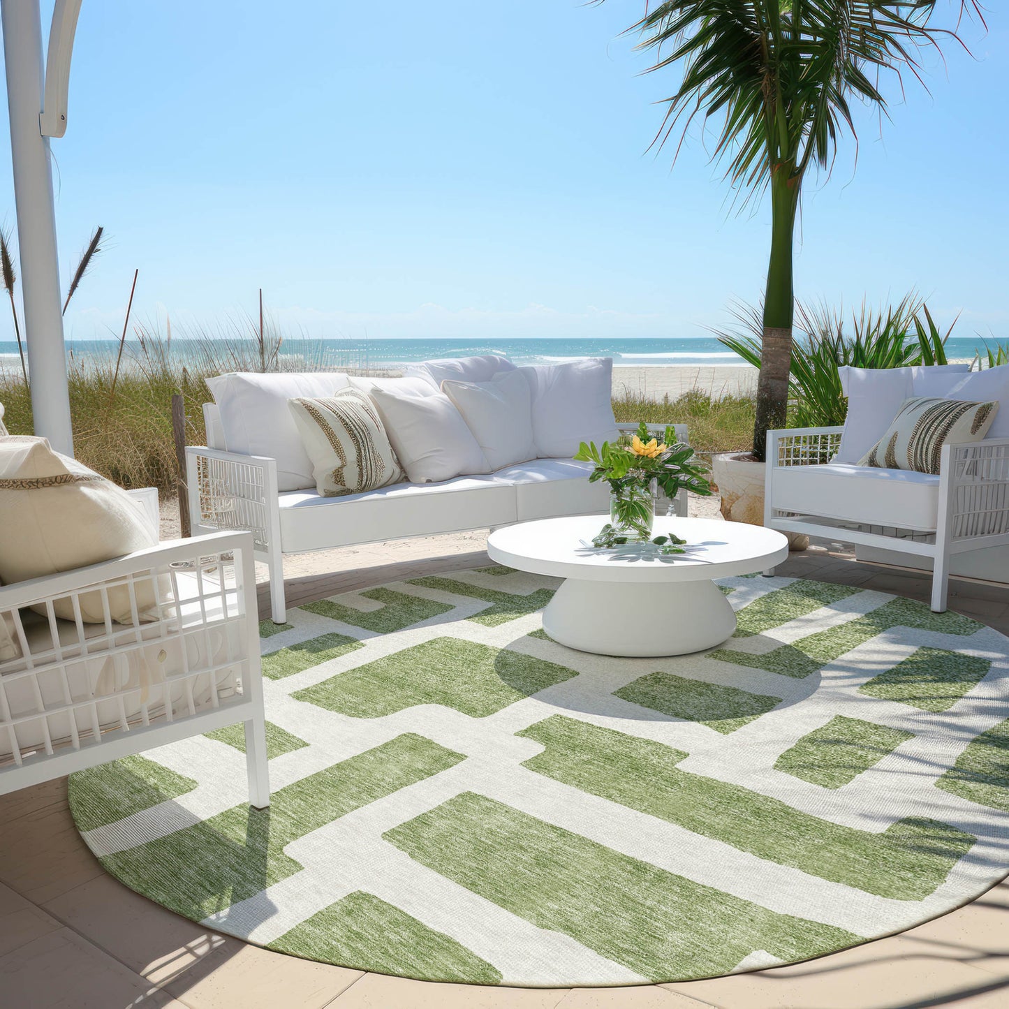 Tabselect Home Line 8' Green And Ivory Round Abstract Washable Indoor Outdoor Area Rug