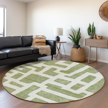 Tabselect Home Line 8' Green And Ivory Round Abstract Washable Indoor Outdoor Area Rug