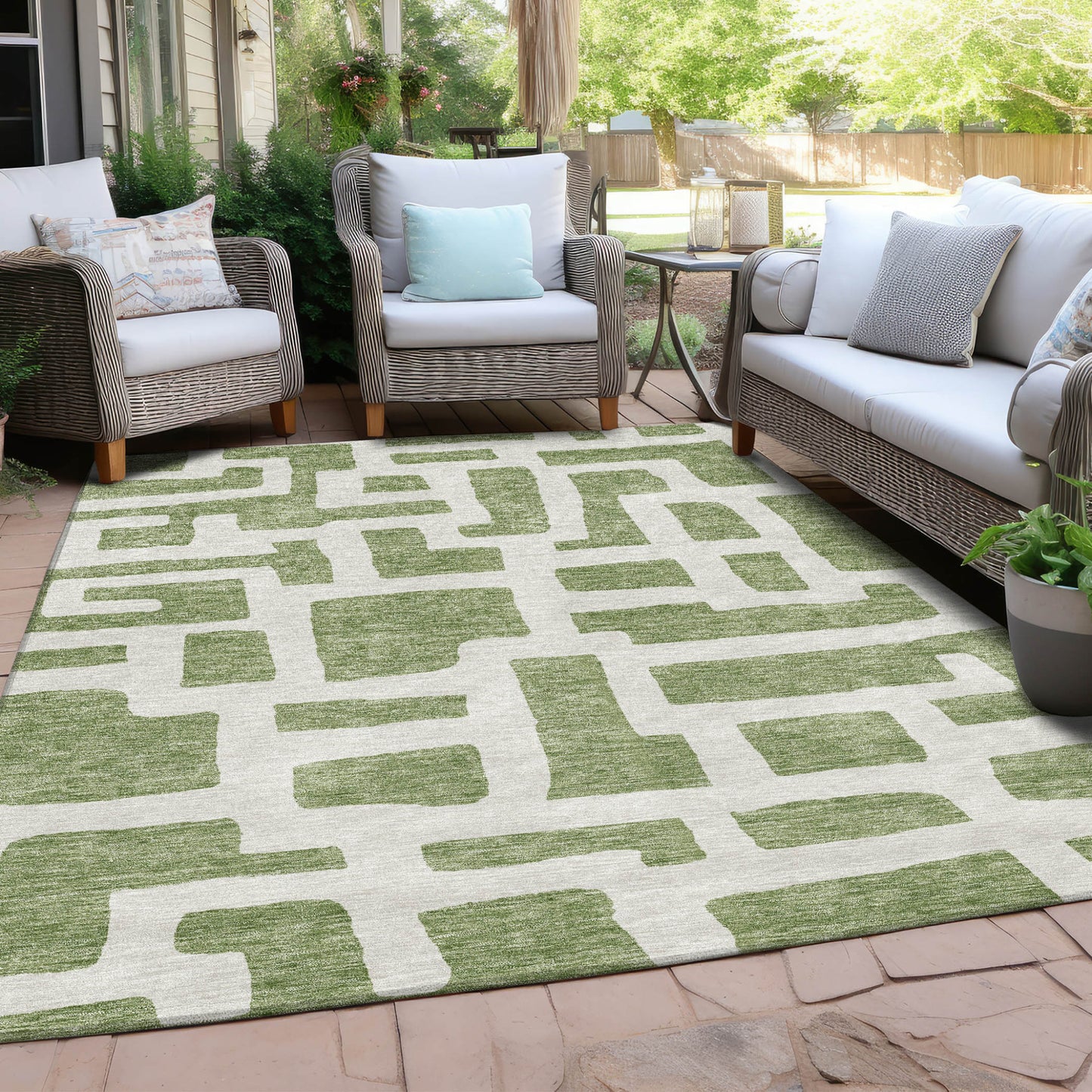 Tabselect Home Line 8' X 10' Green And Ivory Abstract Washable Indoor Outdoor Area Rug