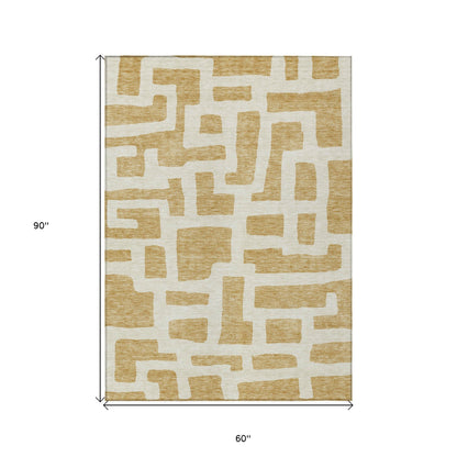 Tabselect Home Line 5' X 8' Gold And Ivory Abstract Washable Indoor Outdoor Area Rug