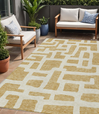 Tabselect Home Line 5' X 8' Gold And Ivory Abstract Washable Indoor Outdoor Area Rug