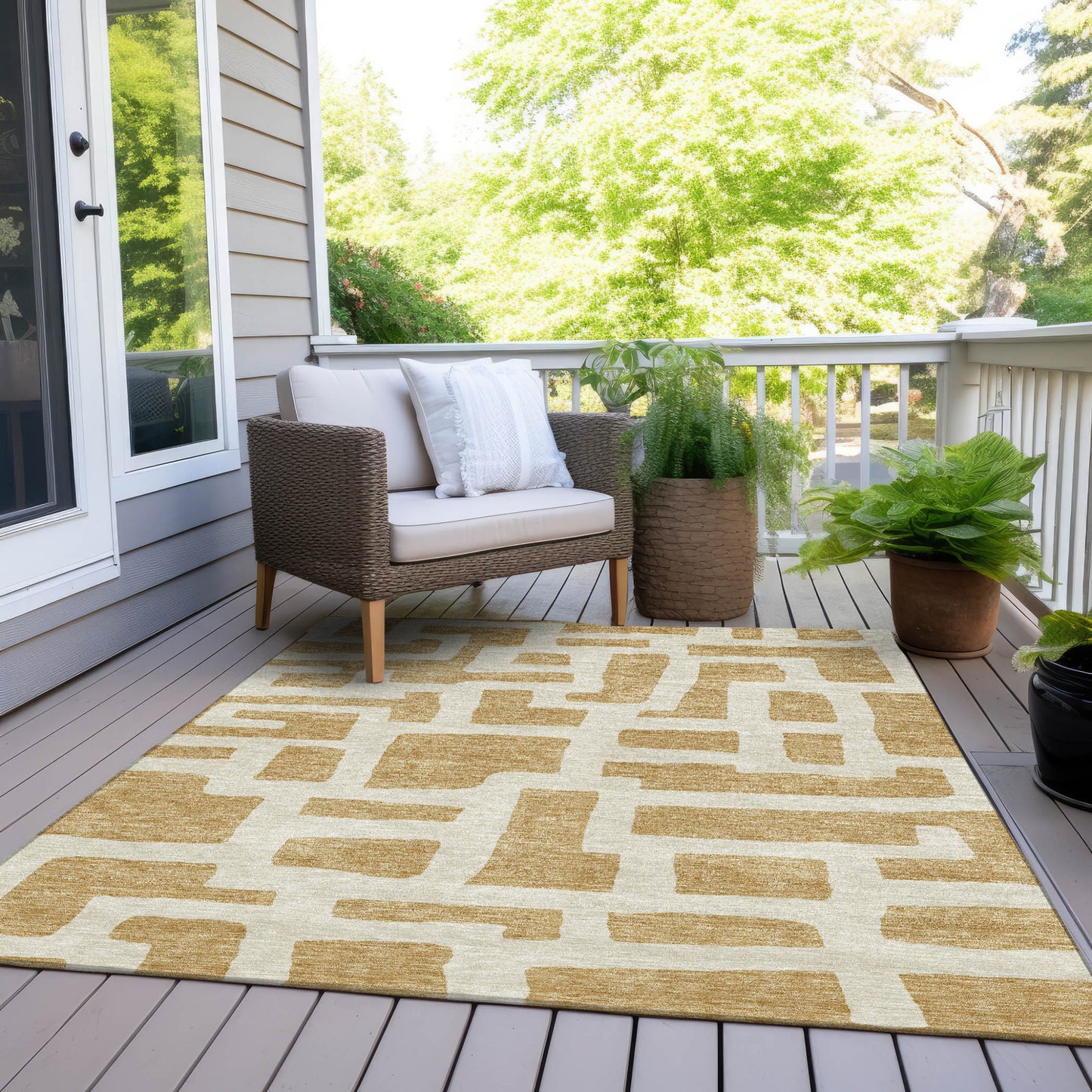 Tabselect Home Line 5' X 8' Gold And Ivory Abstract Washable Indoor Outdoor Area Rug