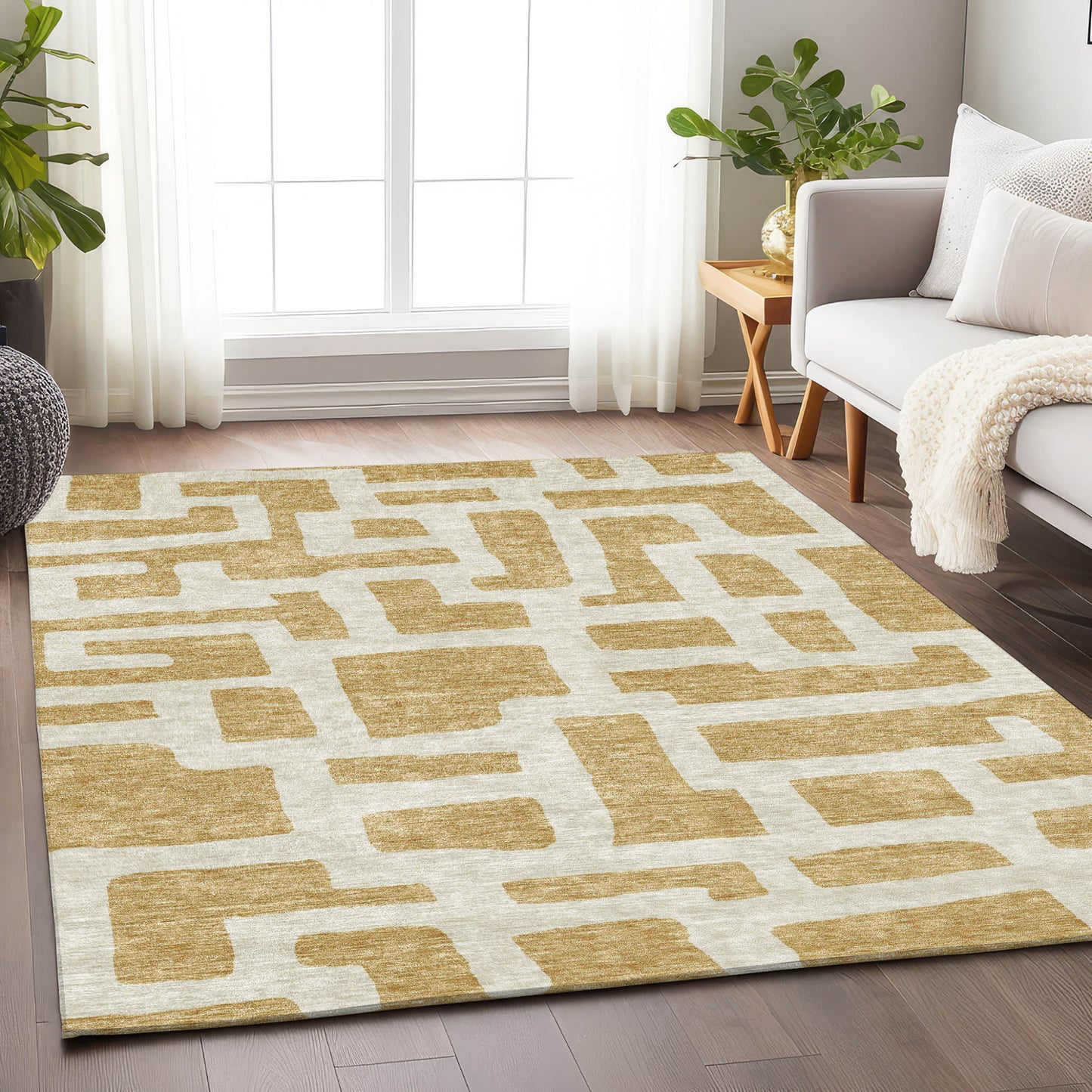 Tabselect Home Line 5' X 8' Gold And Ivory Abstract Washable Indoor Outdoor Area Rug
