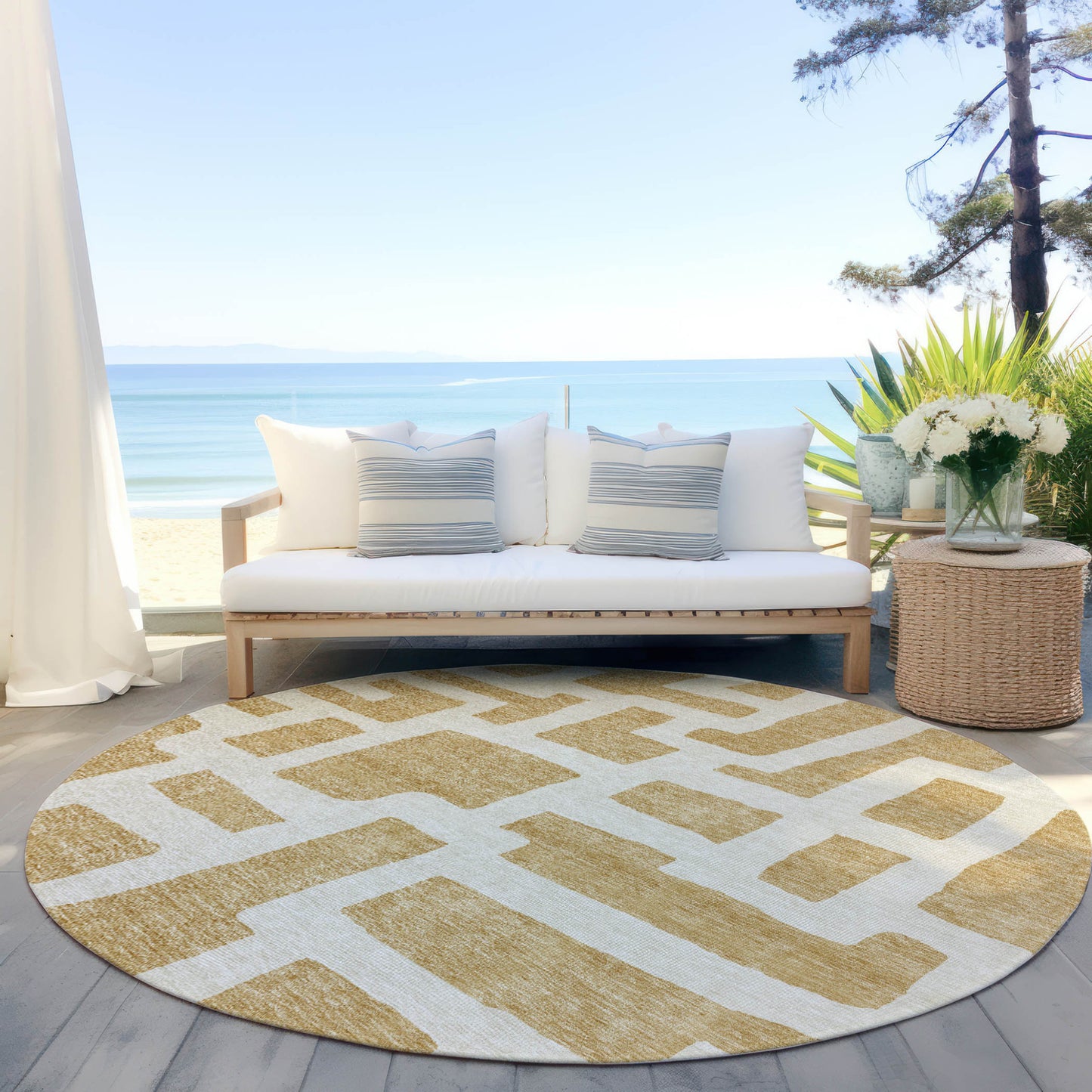 Tabselect Home Line 8' Gold And Ivory Round Abstract Washable Indoor Outdoor Area Rug