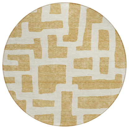 Tabselect Home Line 8' Gold And Ivory Round Abstract Washable Indoor Outdoor Area Rug