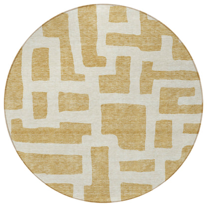 Tabselect Home Line 8' Gold And Ivory Round Abstract Washable Indoor Outdoor Area Rug