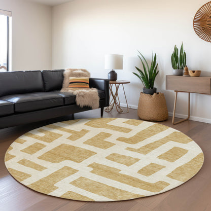Tabselect Home Line 8' Gold And Ivory Round Abstract Washable Indoor Outdoor Area Rug