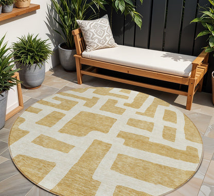 Tabselect Home Line 8' Gold And Ivory Round Abstract Washable Indoor Outdoor Area Rug