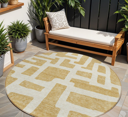 Tabselect Home Line 8' Gold And Ivory Round Abstract Washable Indoor Outdoor Area Rug