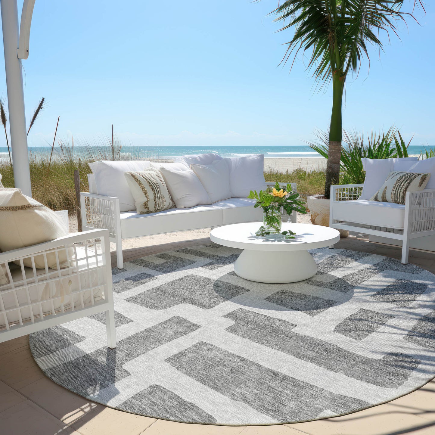 Tabselect Home Line 8' Gray And Ivory Round Abstract Washable Indoor Outdoor Area Rug