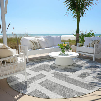 Tabselect Home Line 8' Gray And Ivory Round Abstract Washable Indoor Outdoor Area Rug