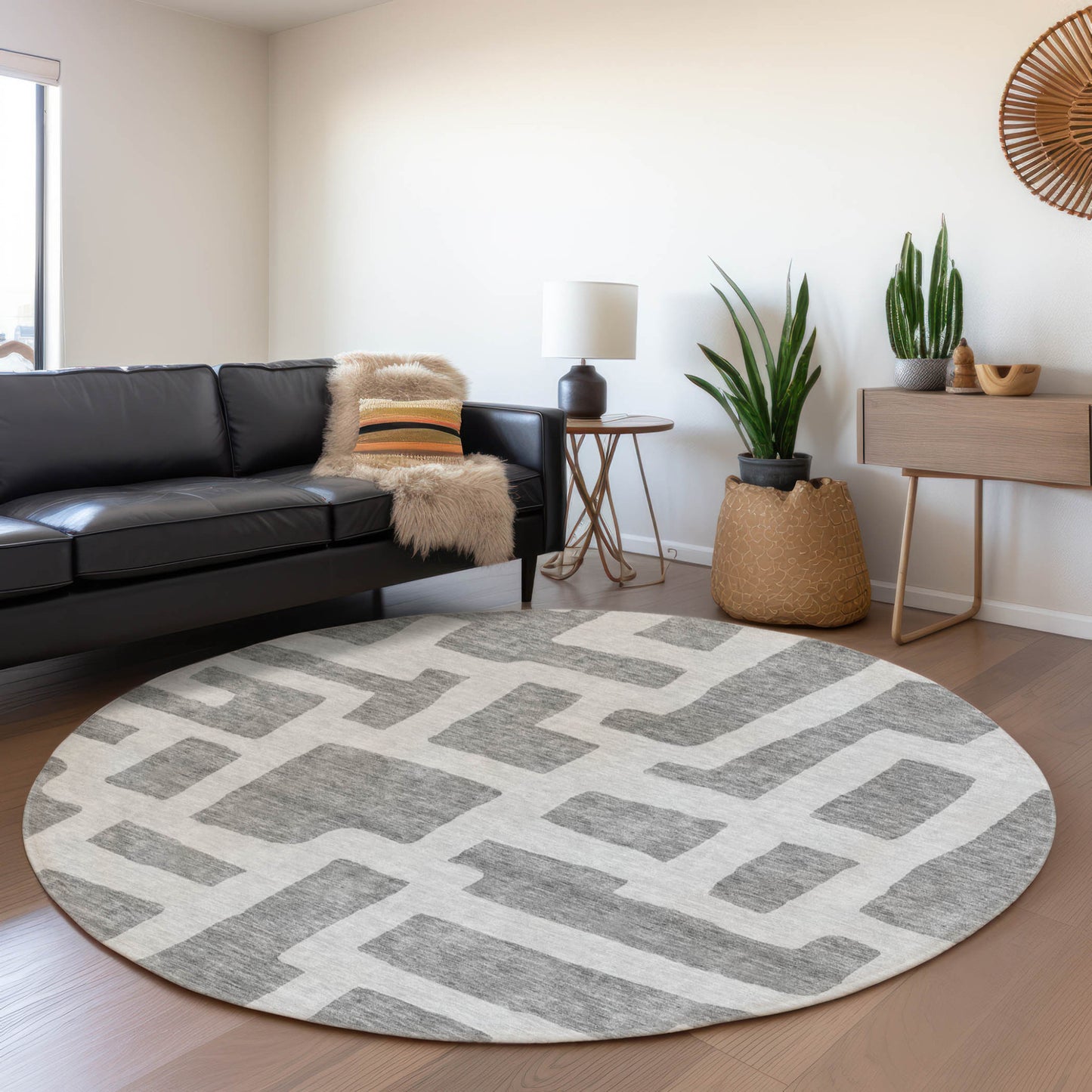 Tabselect Home Line 8' Gray And Ivory Round Abstract Washable Indoor Outdoor Area Rug