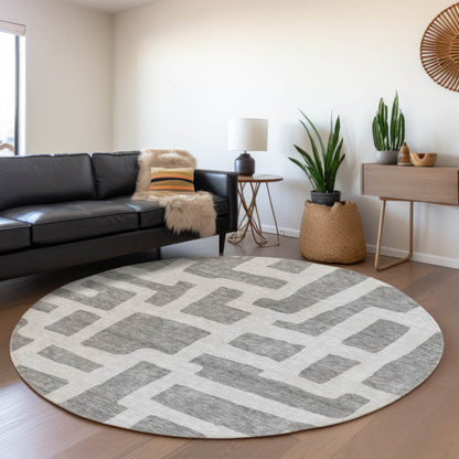 Tabselect Home Line 8' Gray And Ivory Round Abstract Washable Indoor Outdoor Area Rug