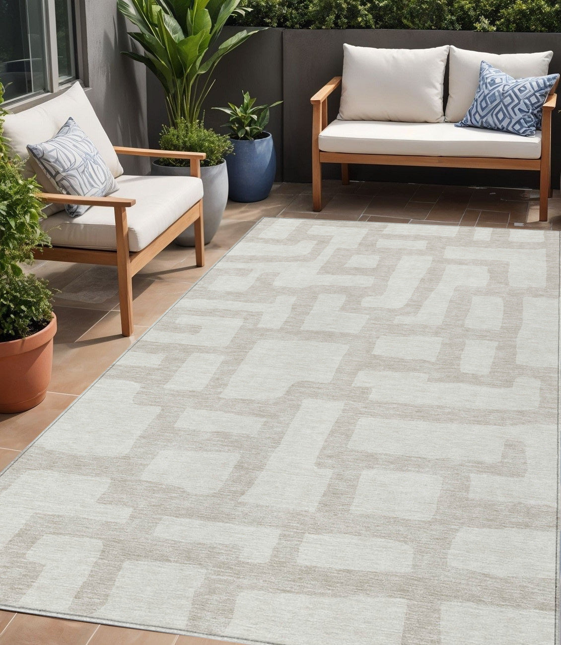 Tabselect Home Line 5' X 8' Ivory And Beige Abstract Washable Indoor Outdoor Area Rug