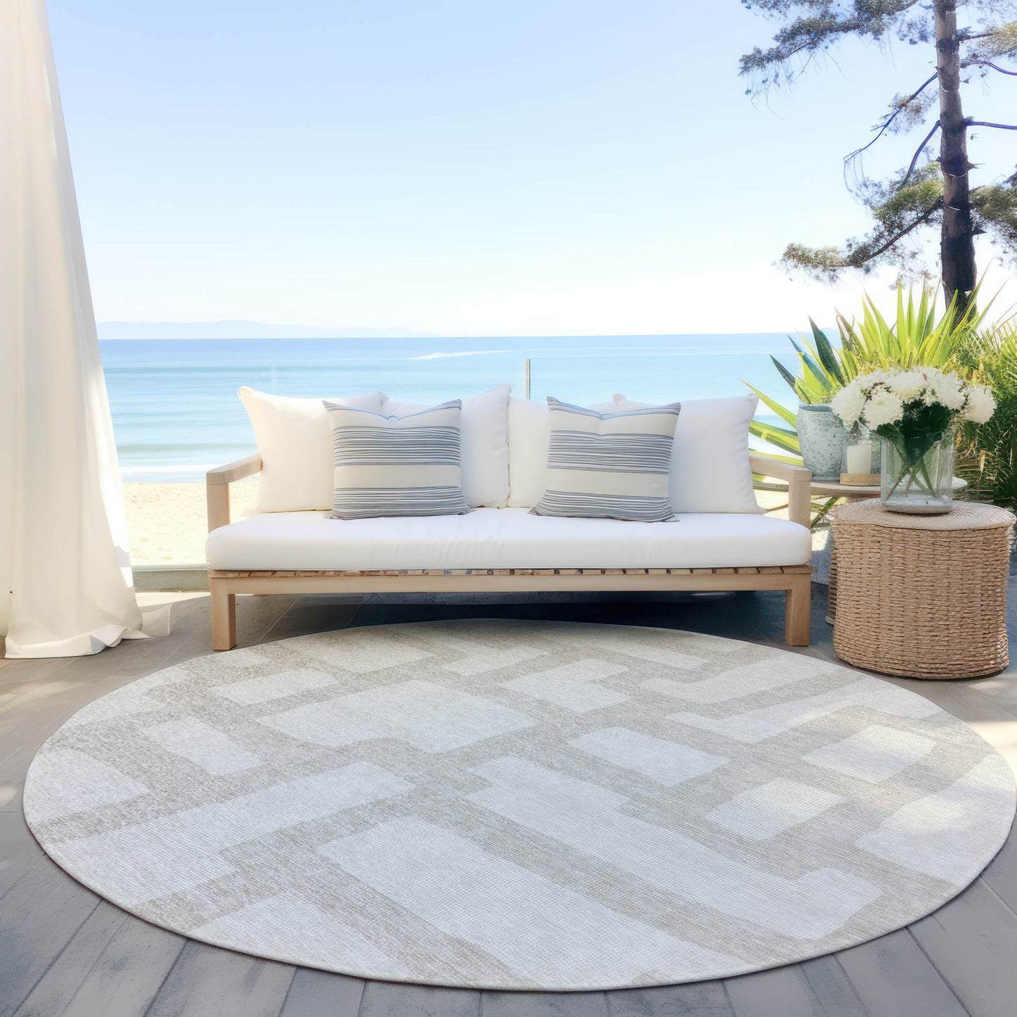 Tabselect Home Line 8' Ivory And Beige Round Abstract Washable Indoor Outdoor Area Rug