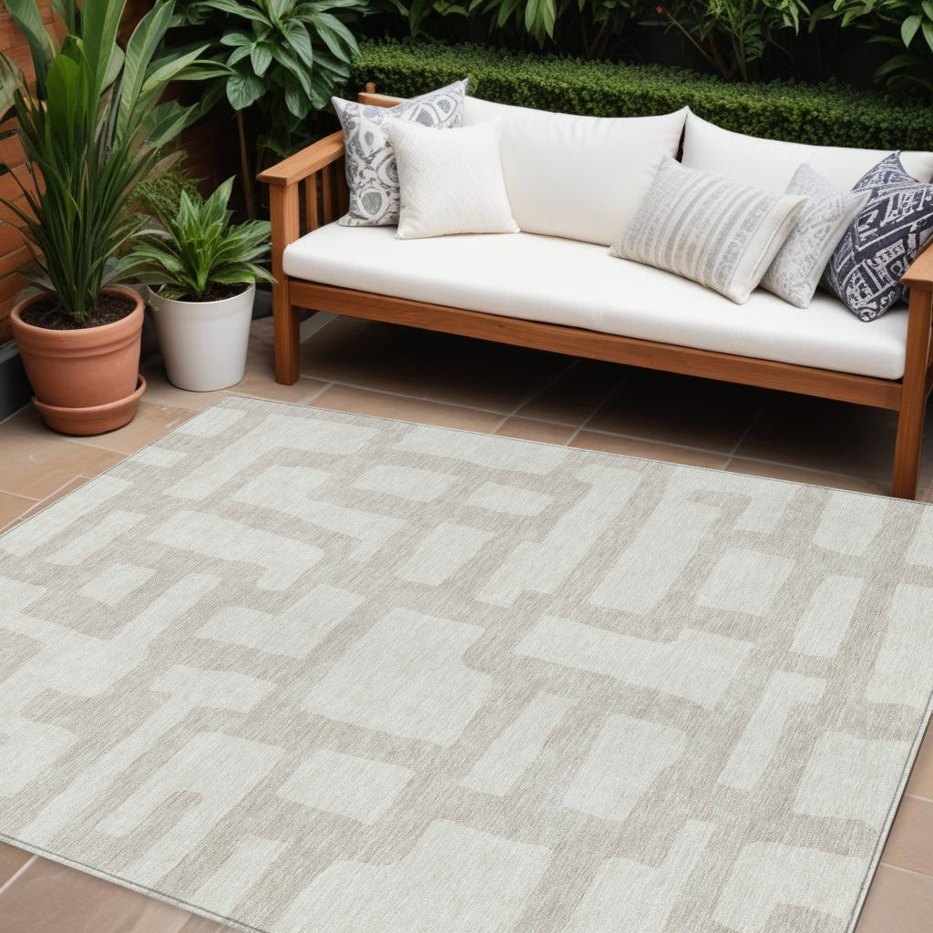 Tabselect Home Line 8' X 10' Ivory And Beige Abstract Washable Indoor Outdoor Area Rug