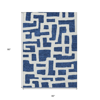 Tabselect Home Line 5' X 8' Navy Blue And Ivory Abstract Washable Indoor Outdoor Area Rug