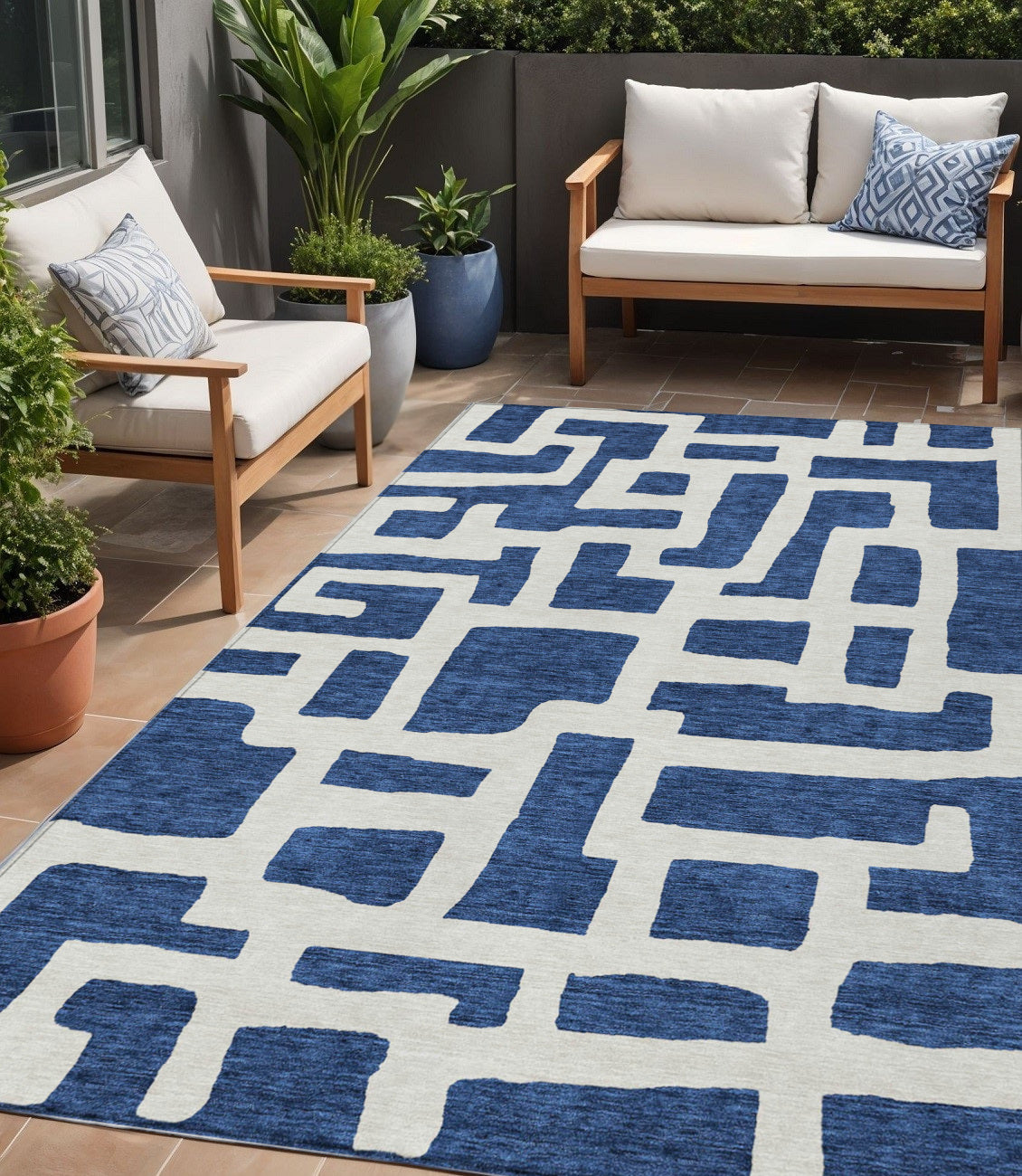 Tabselect Home Line 5' X 8' Navy Blue And Ivory Abstract Washable Indoor Outdoor Area Rug