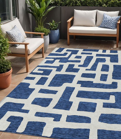 Tabselect Home Line 5' X 8' Navy Blue And Ivory Abstract Washable Indoor Outdoor Area Rug