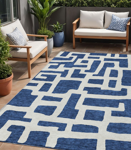 Tabselect Home Line 5' X 8' Navy Blue And Ivory Abstract Washable Indoor Outdoor Area Rug