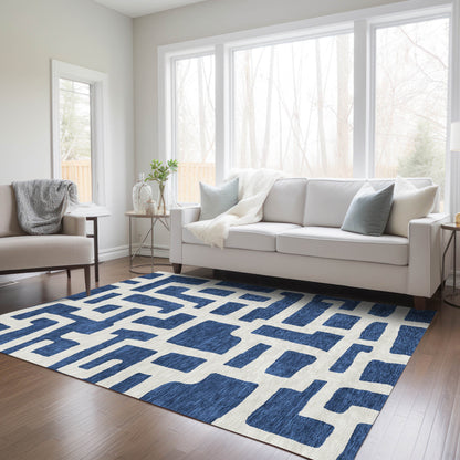 Tabselect Home Line 5' X 8' Navy Blue And Ivory Abstract Washable Indoor Outdoor Area Rug