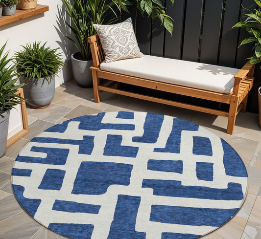 Tabselect Home Line 8' Navy Blue And Ivory Round Abstract Washable Indoor Outdoor Area Rug