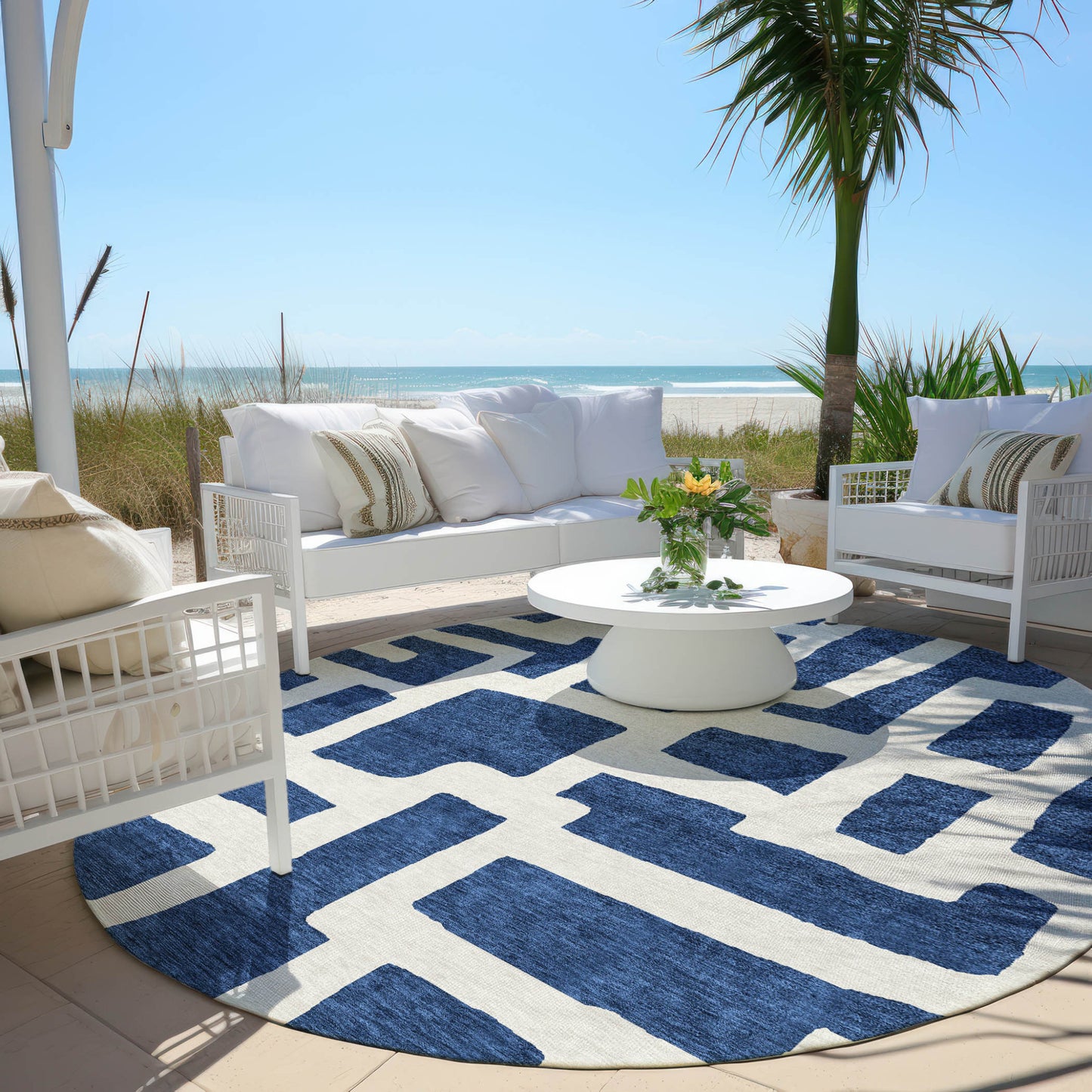 Tabselect Home Line 8' Navy Blue And Ivory Round Abstract Washable Indoor Outdoor Area Rug