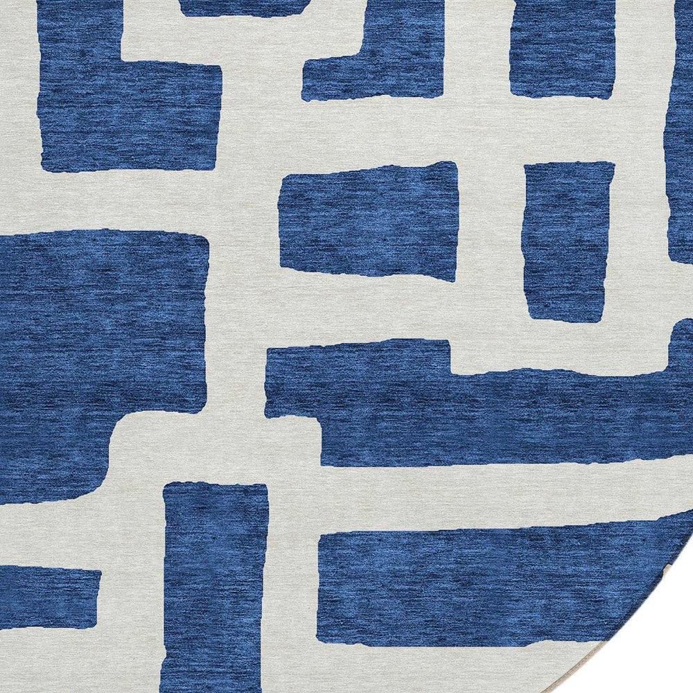 Tabselect Home Line 8' Navy Blue And Ivory Round Abstract Washable Indoor Outdoor Area Rug