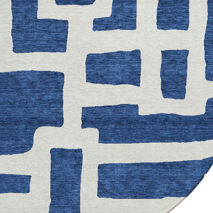 Tabselect Home Line 8' Navy Blue And Ivory Round Abstract Washable Indoor Outdoor Area Rug