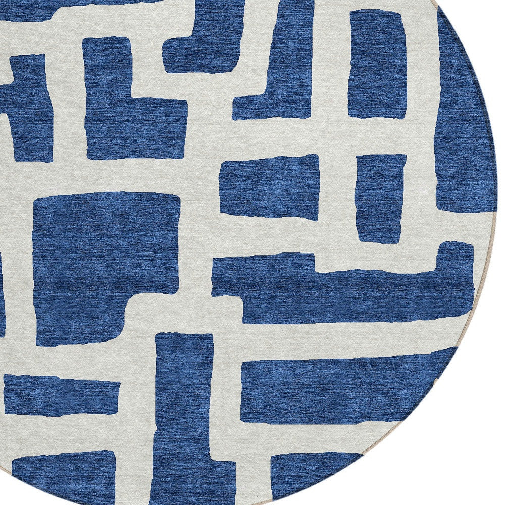 Tabselect Home Line 8' Navy Blue And Ivory Round Abstract Washable Indoor Outdoor Area Rug